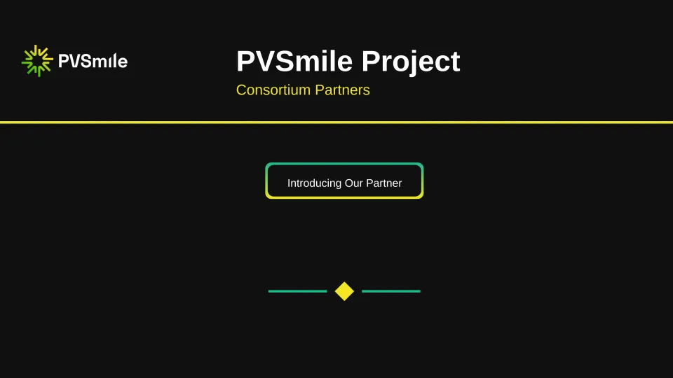 PVSmile Consortium Partners banner on a dark background, with PVSmile logo, large “PVSmile Project” title, “Consortium Partners” subtitle, and a central “Introducing Our Partner” button in green-yellow accents.